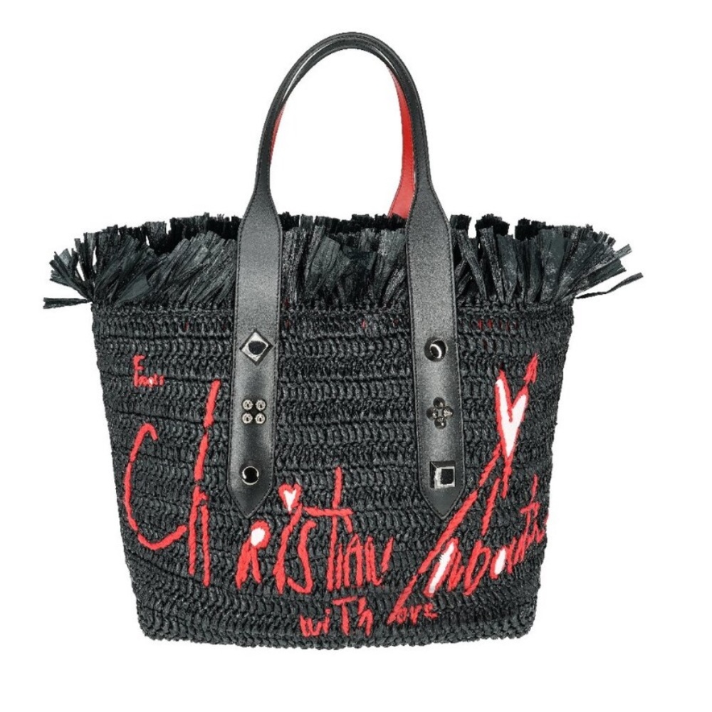 Christian Louboutin Frangibus Embroidered Logo Spike Studded Raffia Black Tote